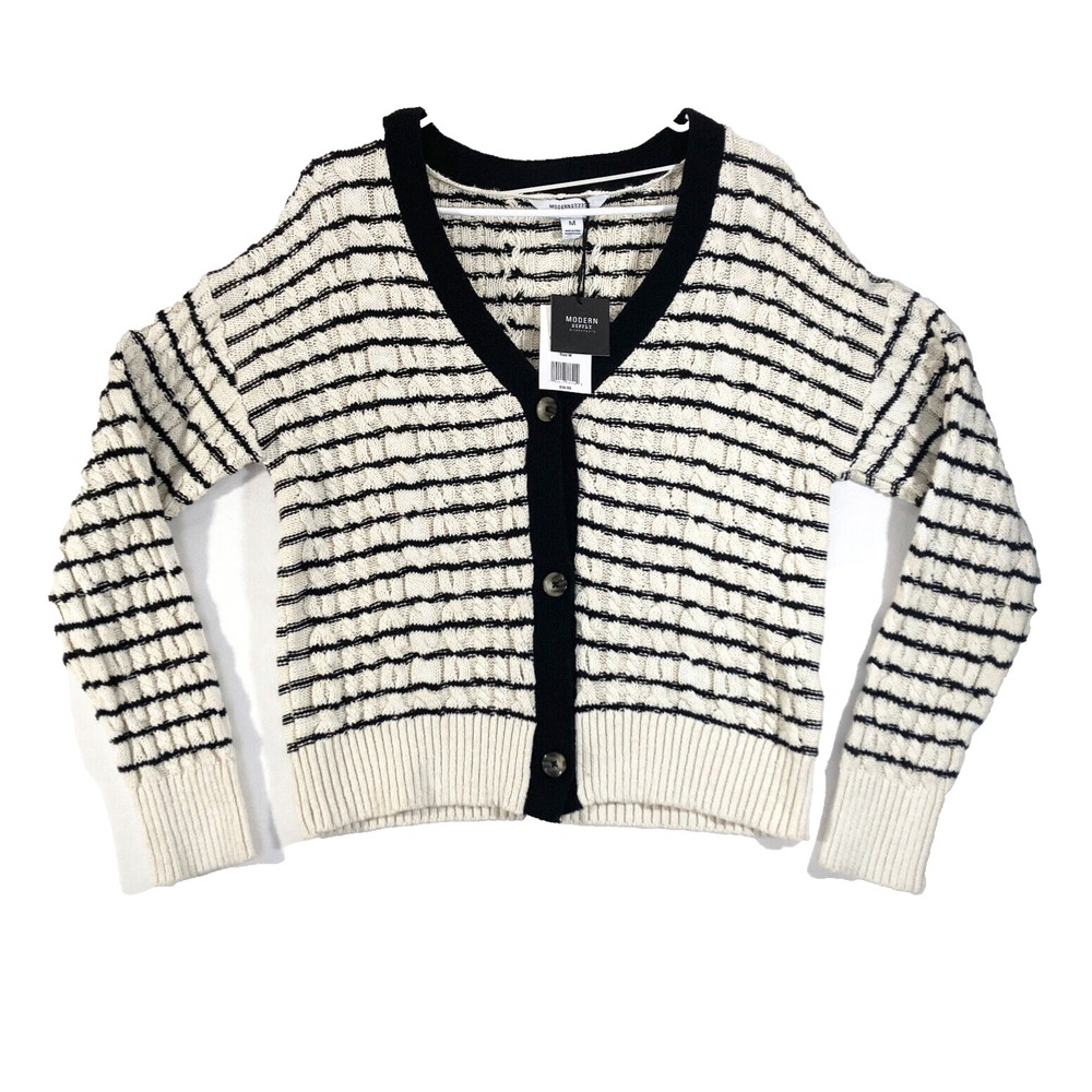 Sanctuary Cable Knit Cropped Cardigan Womens M Beige Black Stripe Modern Supply